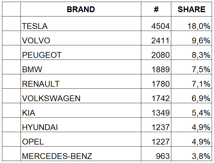 Dutch Q1 2023 BEV sales by brand