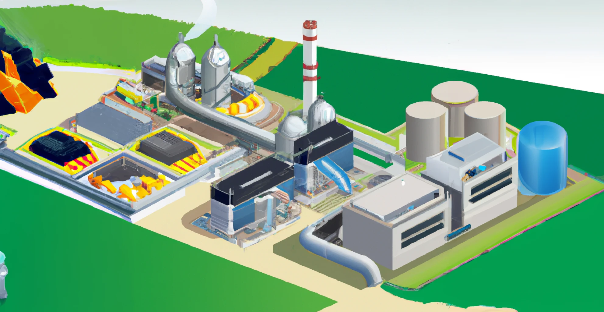 Imagen generada por DALL E de una planta industrial de hidrógeno verde junto a un plan de generación de carbón, arte digital