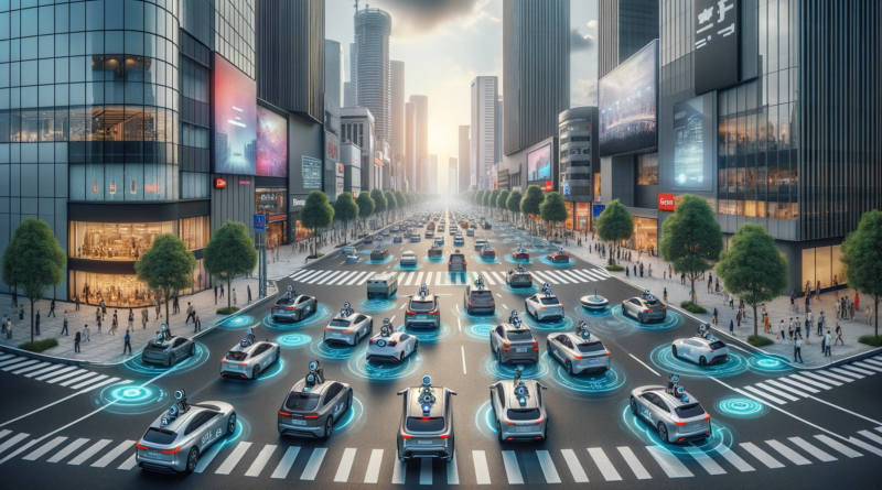 ChatGPT & DALL-E generated panoramic image depicting autonomous cars causing congestion on a city street.