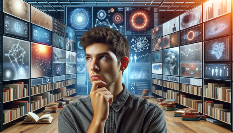 ChatGPT & DALL-E generated panoramic image depicting a skeptical and thoughtful individual in a setting that represents the acceptance of scientific consensus