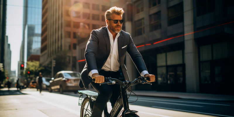 Midjourney created image of 50 year old fit man wearing a suit riding an electric bike in a bike lane