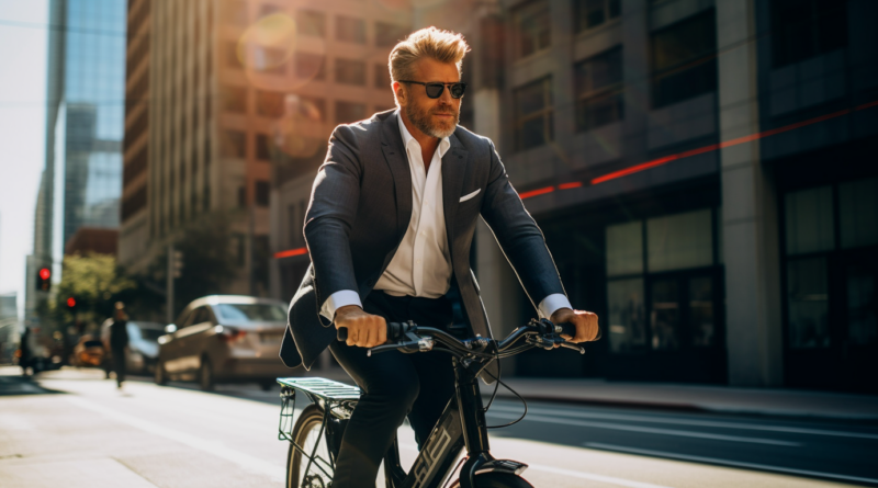 Midjourney created image of 50 year old fit man wearing a suit riding an electric bike in a bike lane