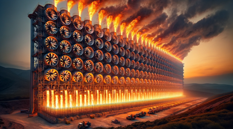 ChatGPT & DALL-E generated image of a 20-meter-high and 2-kilometer-long wall of fans, powered by burning natural gas.