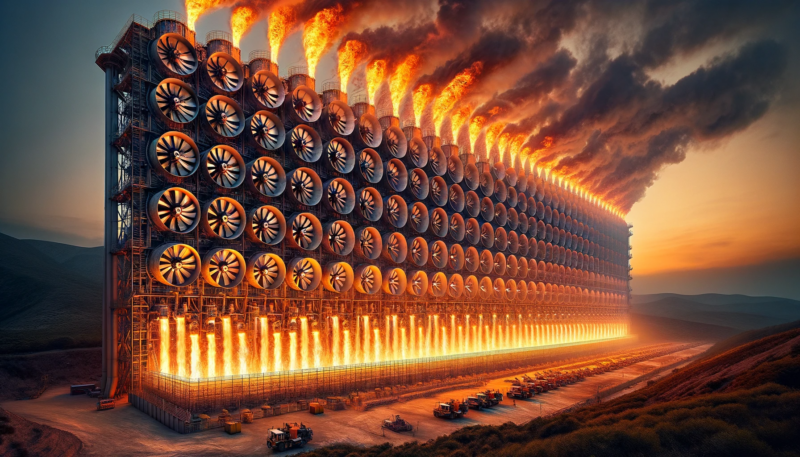ChatGPT & DALL-E generated image of a 20-meter-high and 2-kilometer-long wall of fans, powered by burning natural gas.
