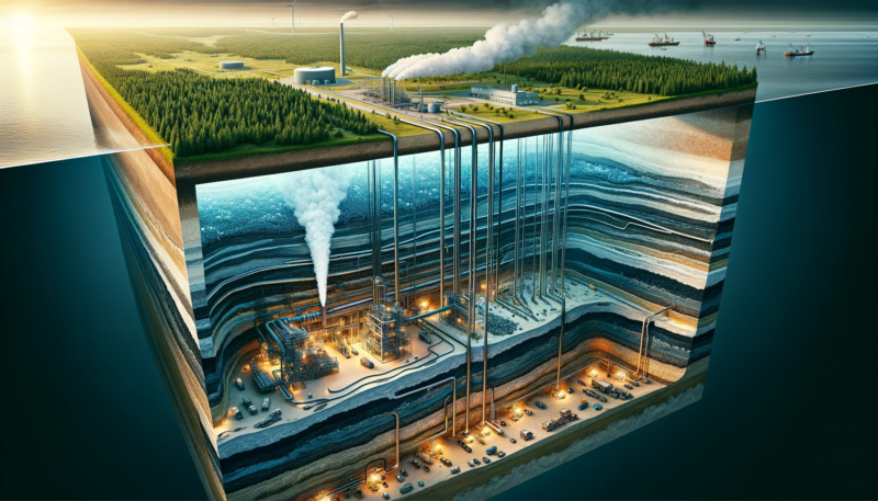 ChatGPT & DALL-E generated image of an underground cutaway view of the process of pumping CO2 into tapped out oil wells for enhanced oil recovery.