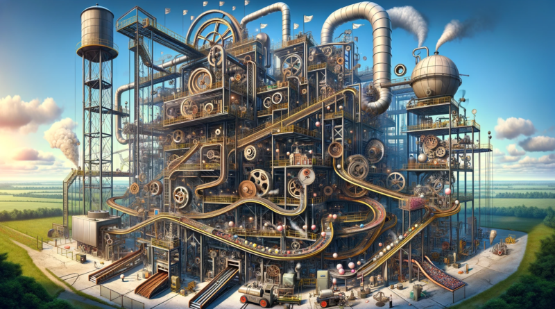 ChatGPT & DALL-E generated image of panoramic image of an air to fuel plant, creatively reimagined to emphasize inefficiency and Rube Goldberg-like complexity.