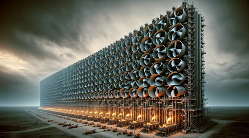 ChatGPT & DALL-E generated image of a 20-meter-high and 2-kilometer-long wall of fans, powered by burning natural gas.