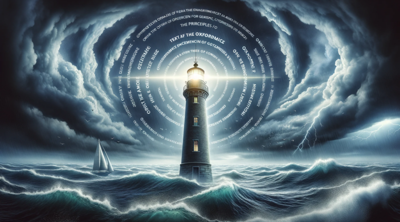 ChatGPT & DALL-E generated panoramic image depicting a lighthouse amidst stormy seas with the Oxford Principles for Geoengineering artistically integrated into the scene.