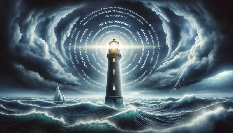 ChatGPT & DALL-E generated panoramic image depicting a lighthouse amidst stormy seas with the Oxford Principles for Geoengineering artistically integrated into the scene.