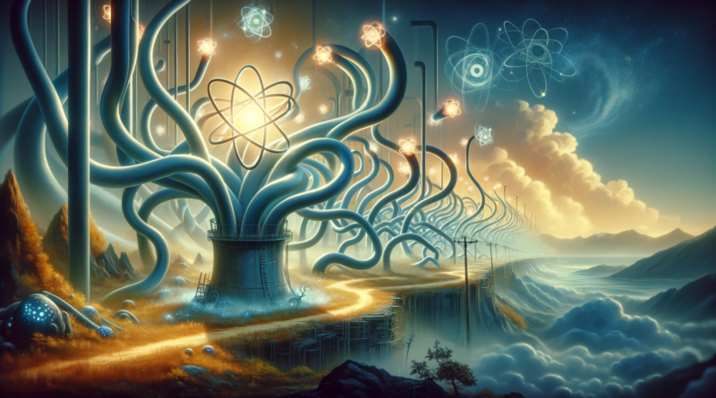 ChatGPT & DALL-E generated panoramic image depicting the metaphor of a 'pipe dream' with nuclear energy connotations, featuring whimsical pipes in a surreal landscape.