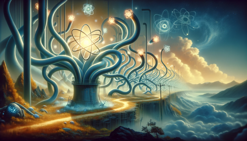 ChatGPT & DALL-E generated panoramic image depicting the metaphor of a 'pipe dream' with nuclear energy connotations, featuring whimsical pipes in a surreal landscape.