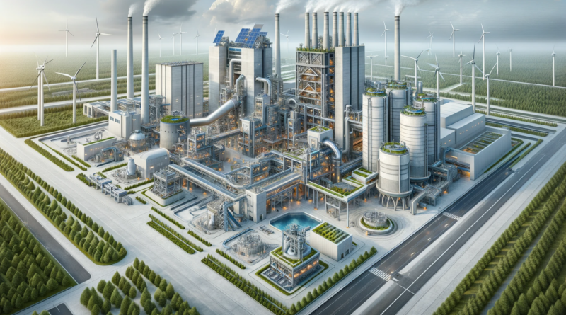 ChatGPT & DALL-E generated panoramic image of a futuristic electrified cement plant, designed with a focus on low carbon emissions.