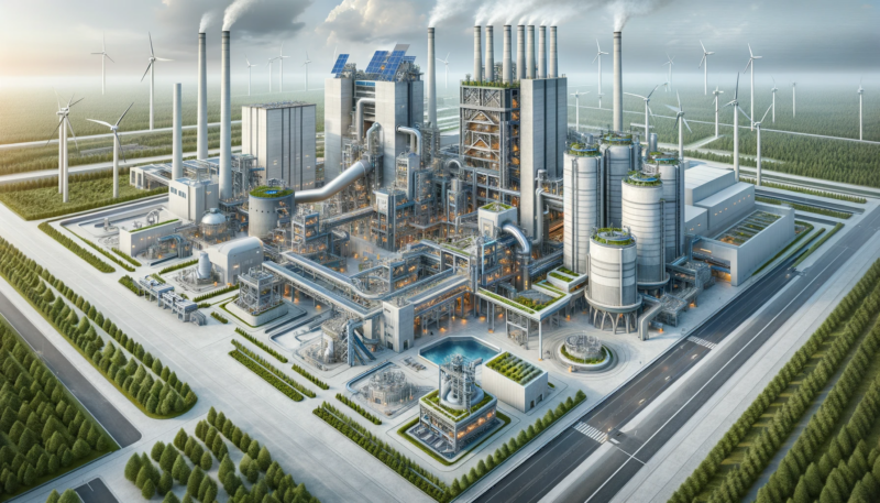 ChatGPT & DALL-E generated panoramic image of a futuristic electrified cement plant, designed with a focus on low carbon emissions.