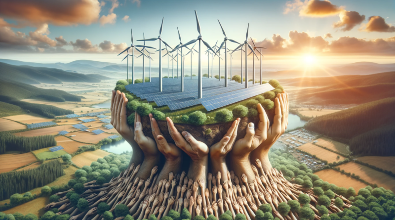 ChatGPT & DALL-E generated image of panoramic image depicting the visual metaphor of renewable energy sources being supported by a foundation of human hands.