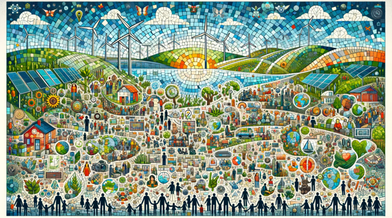 ChatGPT & DALL-E generated panoramic image of a mosaic representing the diverse societal support for renewable energy.