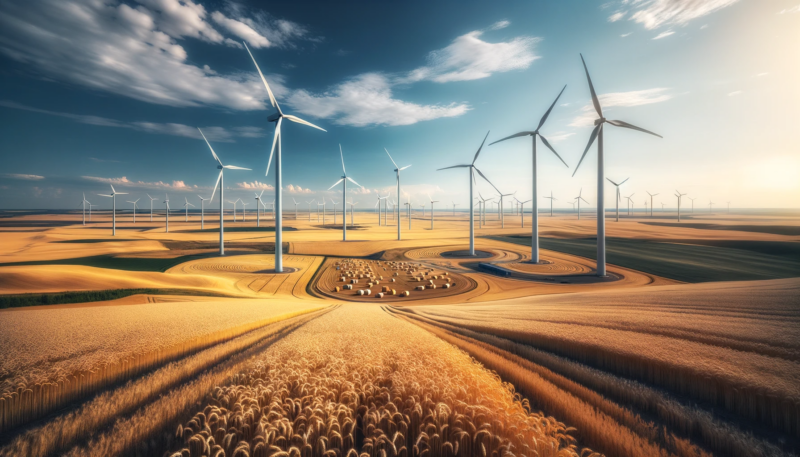 ChatGPT & DALL-E generated panoramic image depicting Saskatchewan's wheat fields with wind turbines, capturing the harmony between agriculture and renewable energy in this vast landscape.