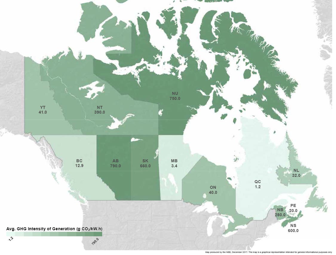 Map of Canada with grams of CO2 per kWh from grid electricity courtesy of Canada Energy Regulator