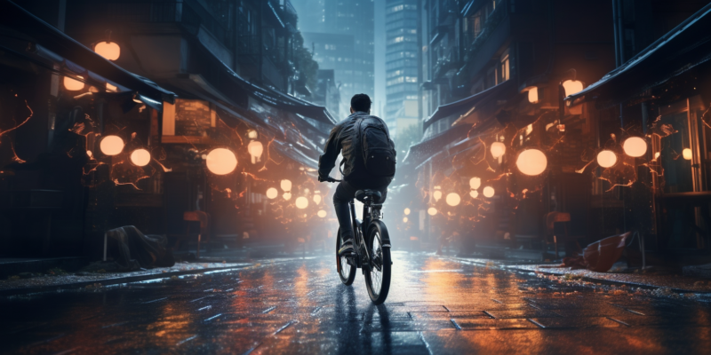 Midjourney generated image of city's roads full of electric bicycles
