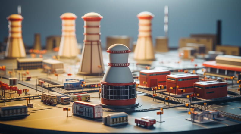 Midjourney created image of small nuclear reactors rolling out of a factory