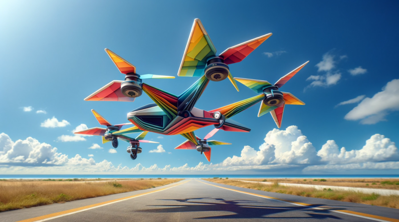 ChatGPT & DALL-E generated panoramic image of an eVTOL aircraft designed to resemble origami with colorful paper, capturing a whimsical, children's toy aesthetic.