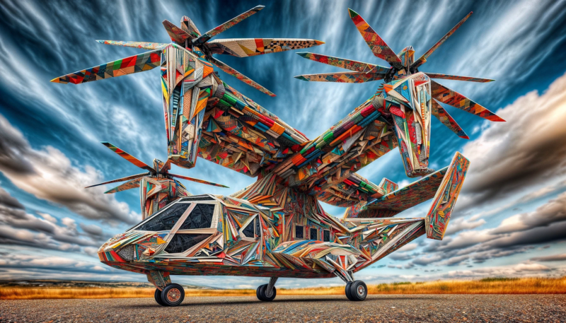 ChatGPT & DALL-E generated The panoramic image showcases an eVTOL aircraft with a strong emphasis on origami, highlighting intricate paper folding details to enhance its children's toy-like appeal.