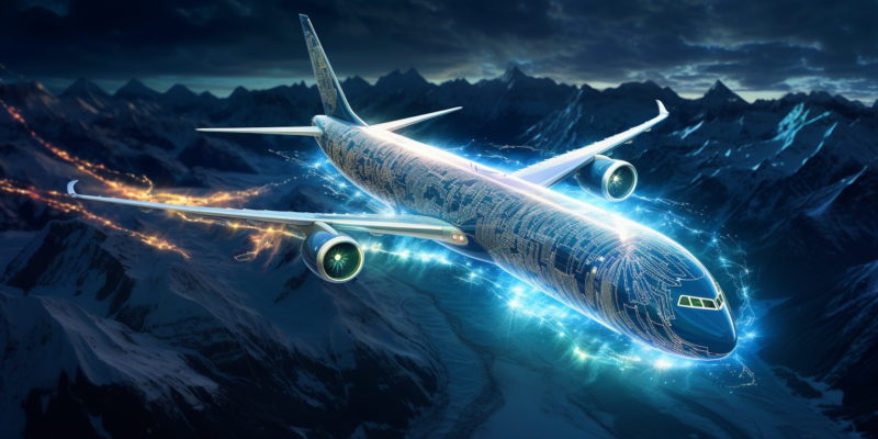 Midjourney generated image of a futuristic passenger jet covered with circuitry and sparks