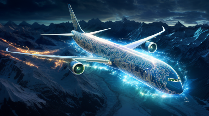 Midjourney generated image of a futuristic passenger jet covered with circuitry and sparks