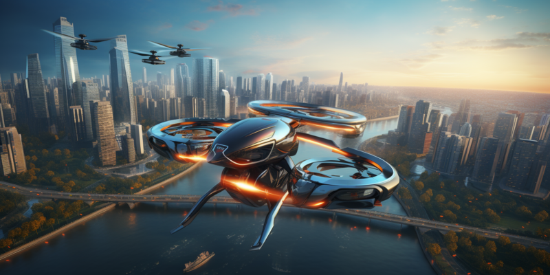 Midjourney generated image of futuristic electric multi-rotor helicopter flying above a city