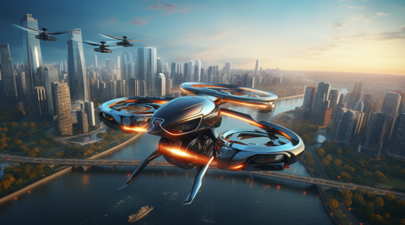 Midjourney generated image of futuristic electric multi-rotor helicopter flying above a city