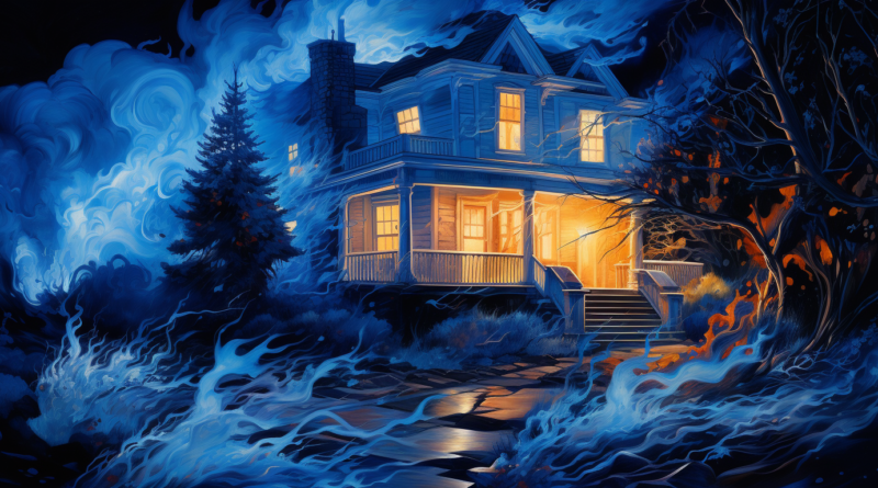 Midjourney generated image of blue fire, house