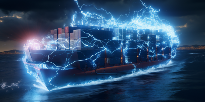 Midjourney generated image of container ship covered in circuitry and sparks