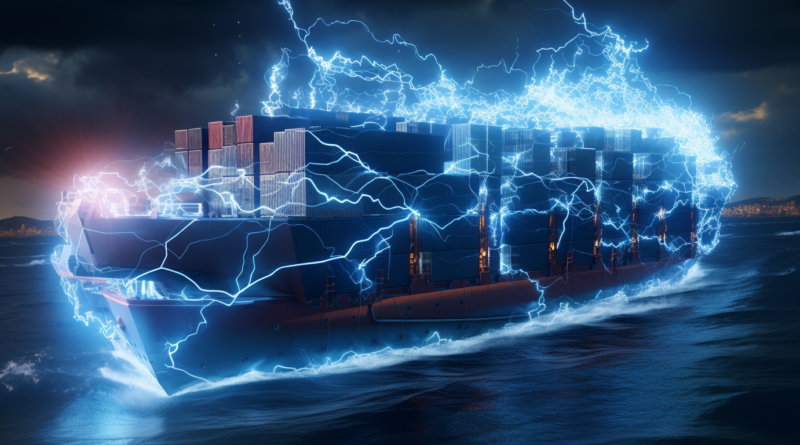 Midjourney generated image of container ship covered in circuitry and sparks