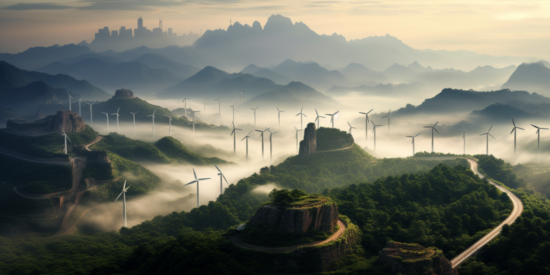 Midjourney generated image of the country of China covered with wind turbines and solar panels