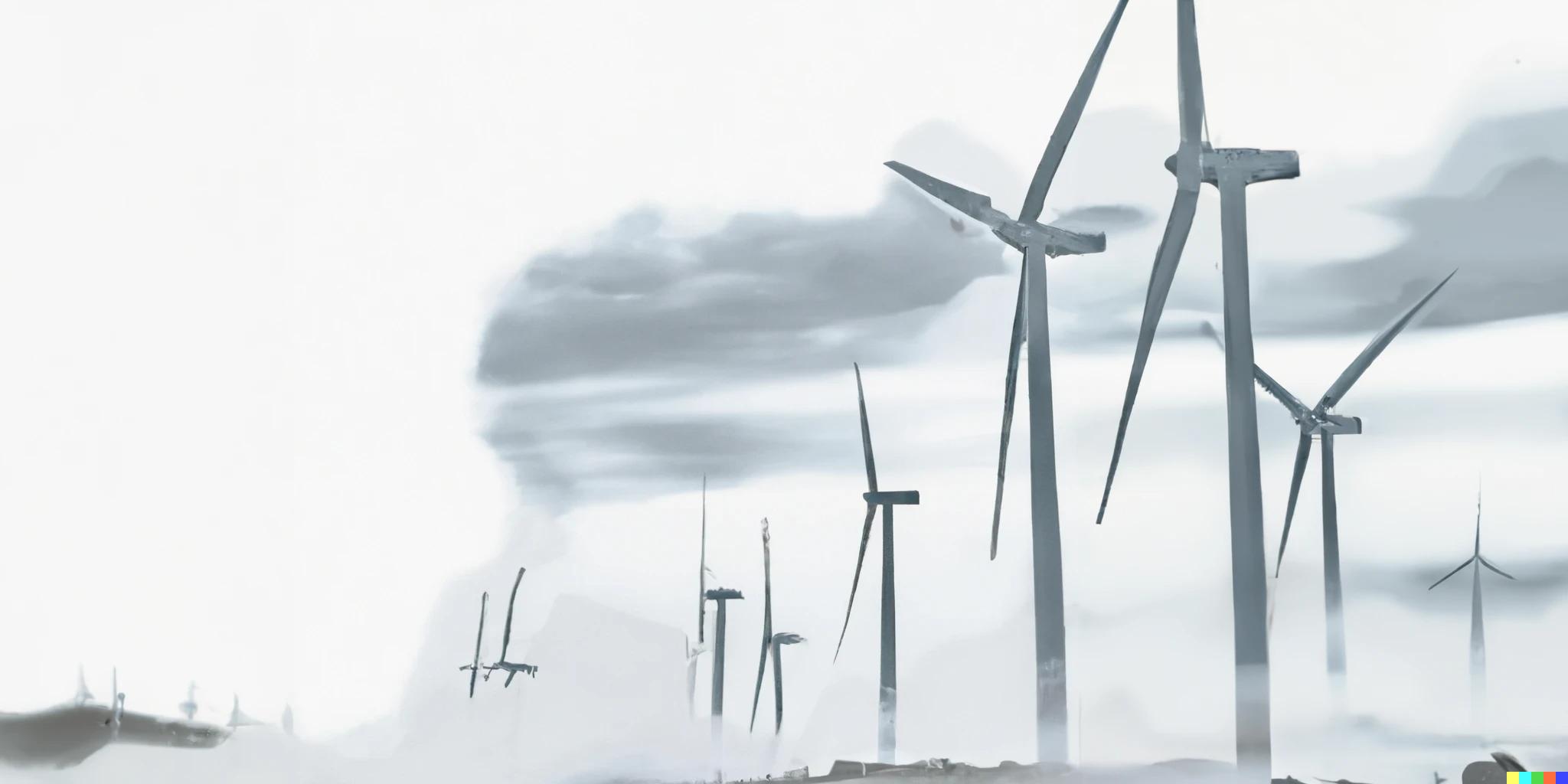 DALL·E generated image of lots of big wind turbines on a plain, chinese water color style, no text