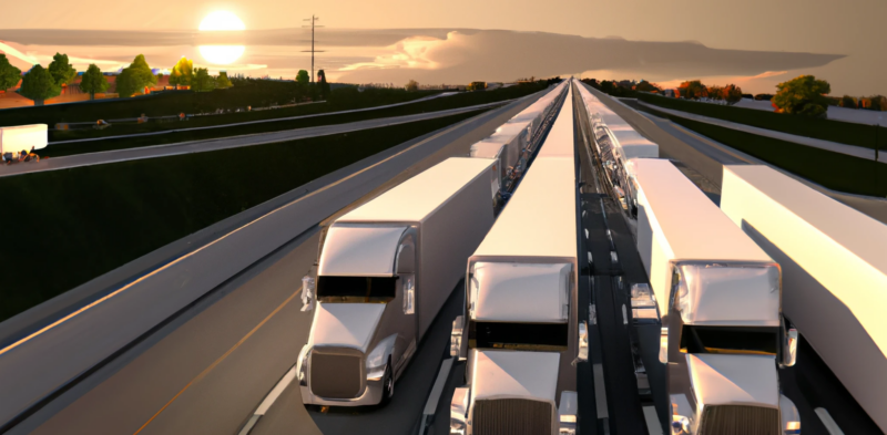 DALL·E generated image of a US multilane highway full of electric semi trucks, digital art