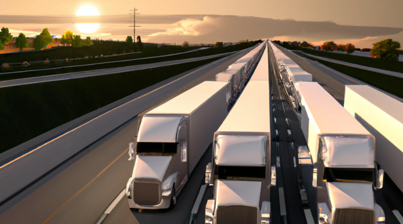 DALL·E generated image of a US multilane highway full of electric semi trucks, digital art