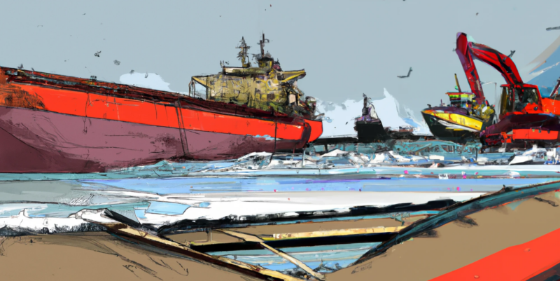 DALL·E generated image of a beached oil tanker being cut up for scrap steel.