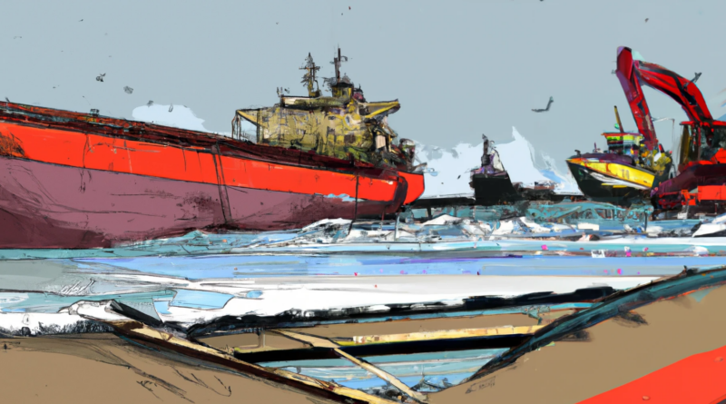 DALL·E generated image of a beached oil tanker being cut up for scrap steel.