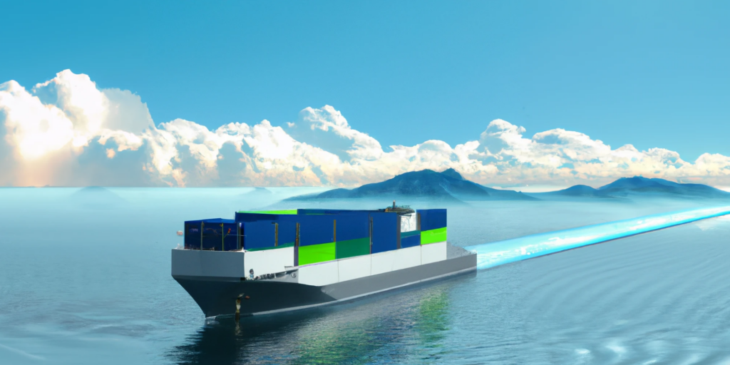 DALL·E generated image of a clean electric container ship sailing past islands under a beautiful blue sky with small clouds, digital art