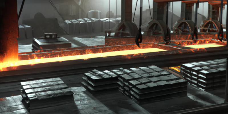 DALL·E generated image of a river of hot steel being formed into ingots, digital art