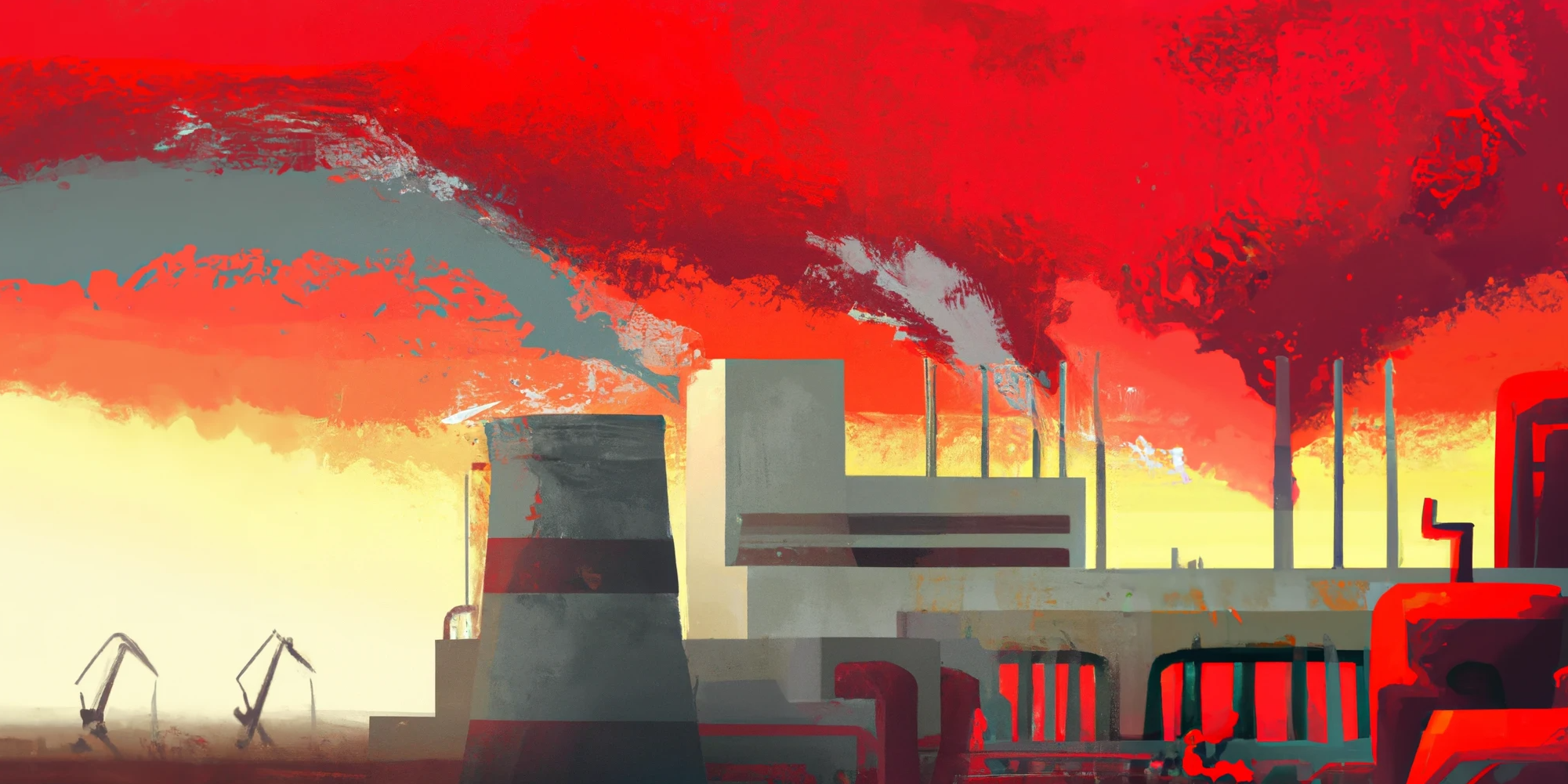 DALL·E generated image of an industrial plant wasting lots of heat, reddish, digital art