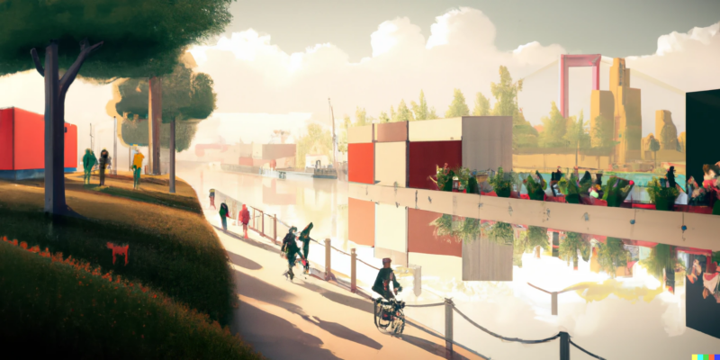DALL·E generated image of people walking and cycling beside canal with electric container ship, digital art