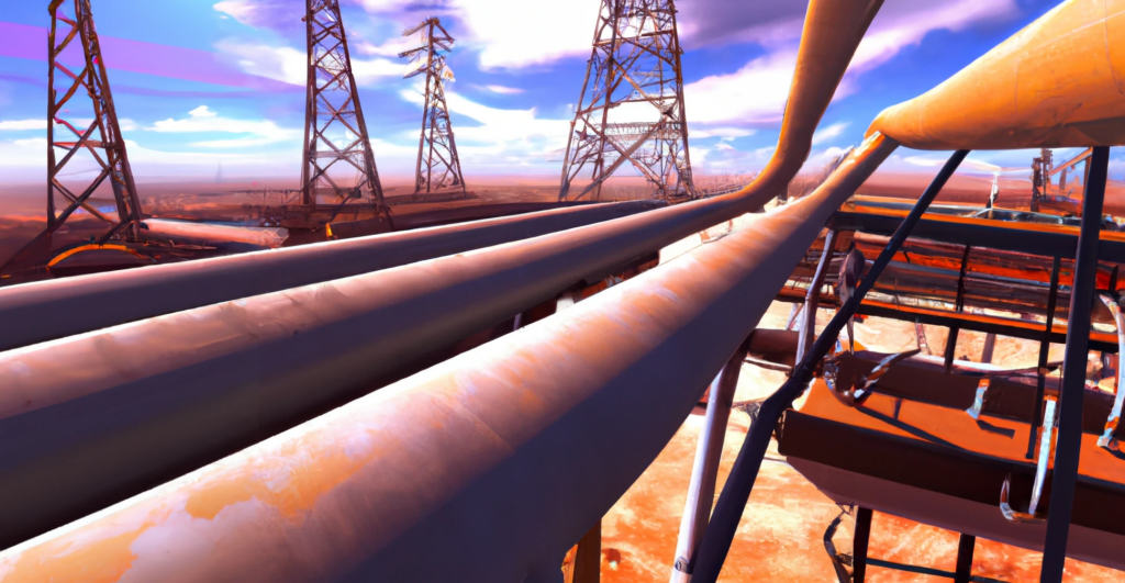 DALL·E generated image of shiny new transmission lines tower over rusted pipeline, digital art