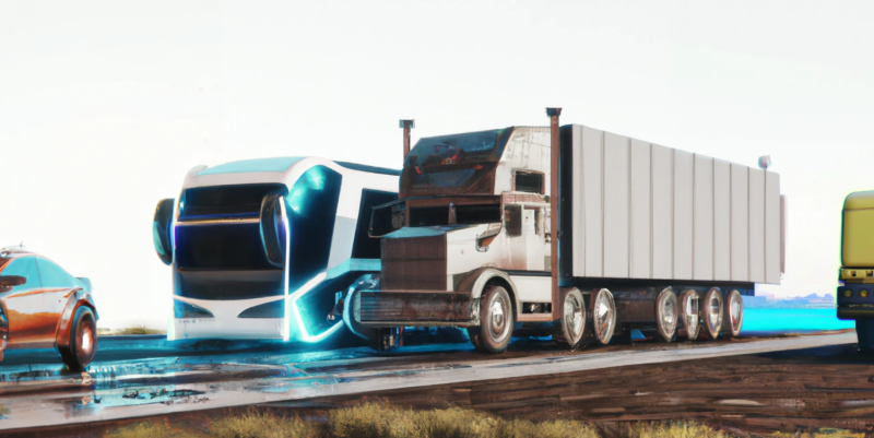 DALL-E generated image of a futuristic electric smi truck passing a rusted old diesel semi truck