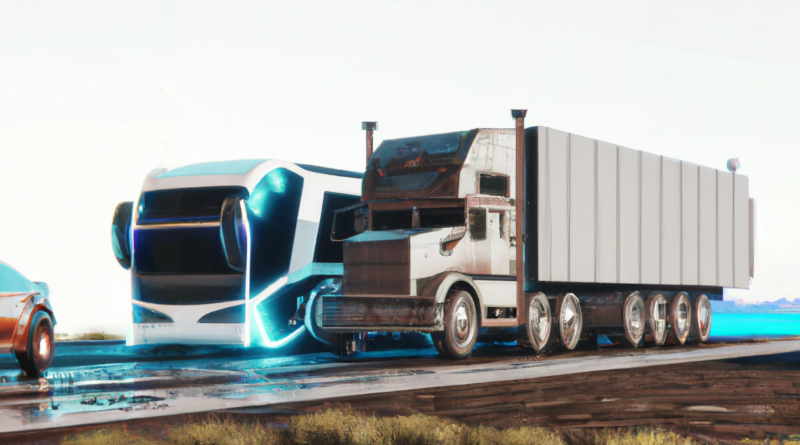DALL-E generated image of a futuristic electric smi truck passing a rusted old diesel semi truck
