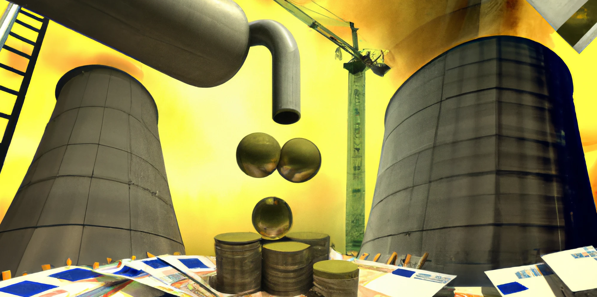 DALL·E generated image of pouring euros into a nuclear reactor construction site, digital art