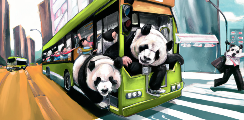 DALL·E generated image of panda bears riding an electric bus, digital art