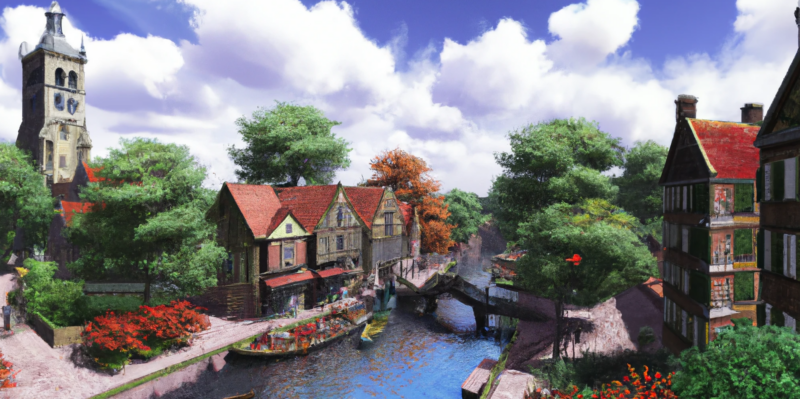DALL·E generated image of a clean and green Dutch town on a river, digital art