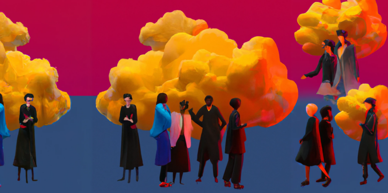DALL·E generated image of a diverse group of people meeting on a reddish tinged cloud, digital art