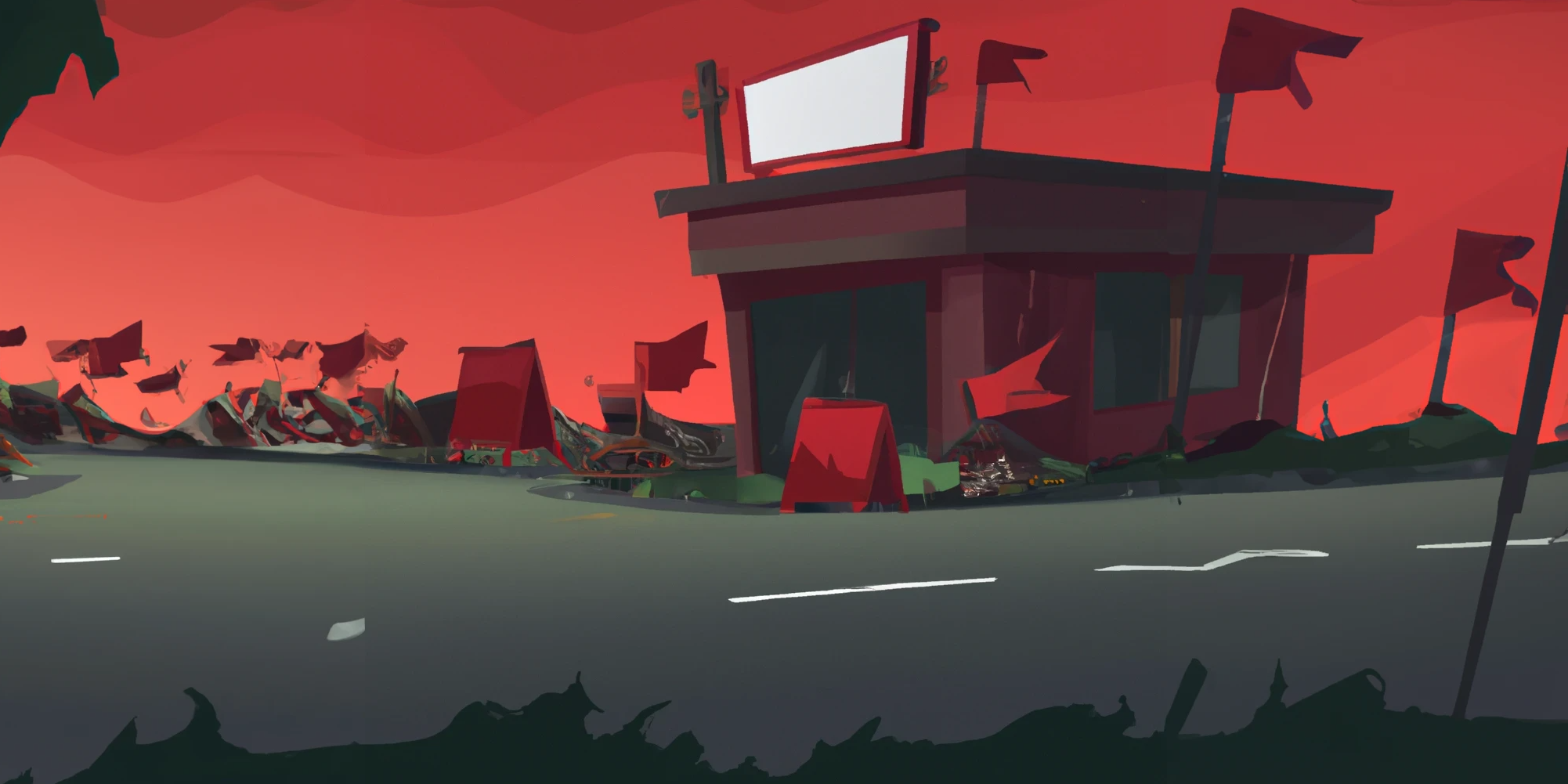 DALL·E generated image of a failed business by the side of the road covered in red flags, digital art